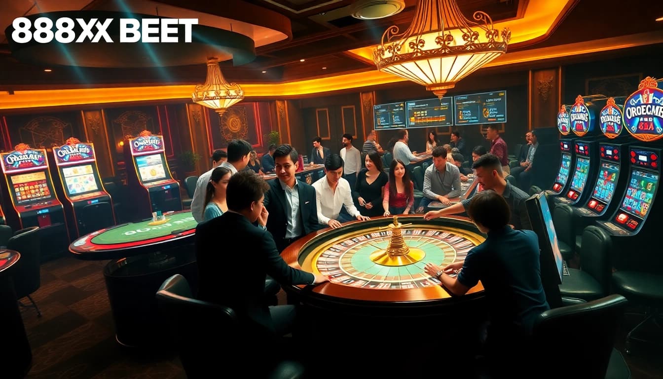Players enjoying games at 88XX BET, featuring vibrant tables and slot machines.