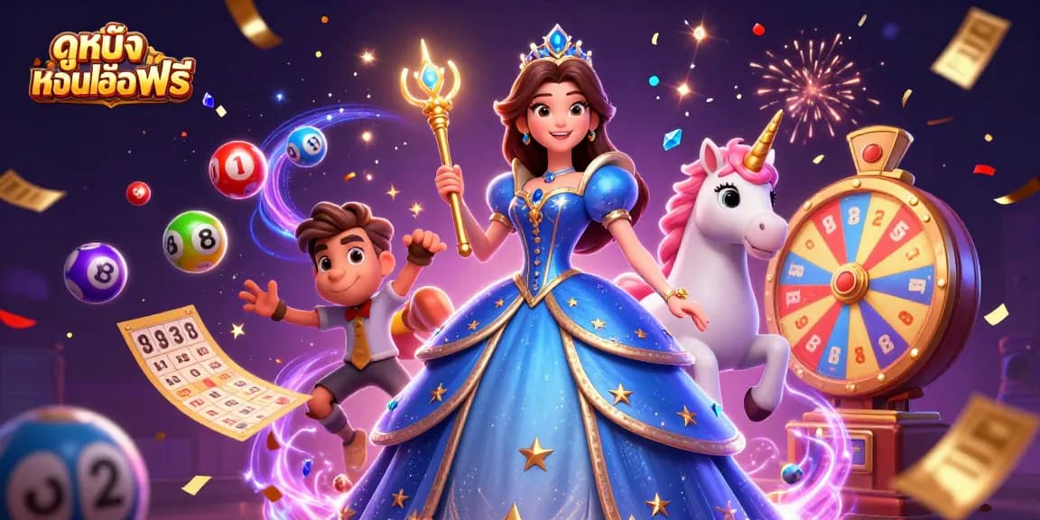 Join the fun of ดูหนังออนไลน์ฟรี while celebrating with vibrant lottery balls, spinning prize wheels, and fairy-tale characters.