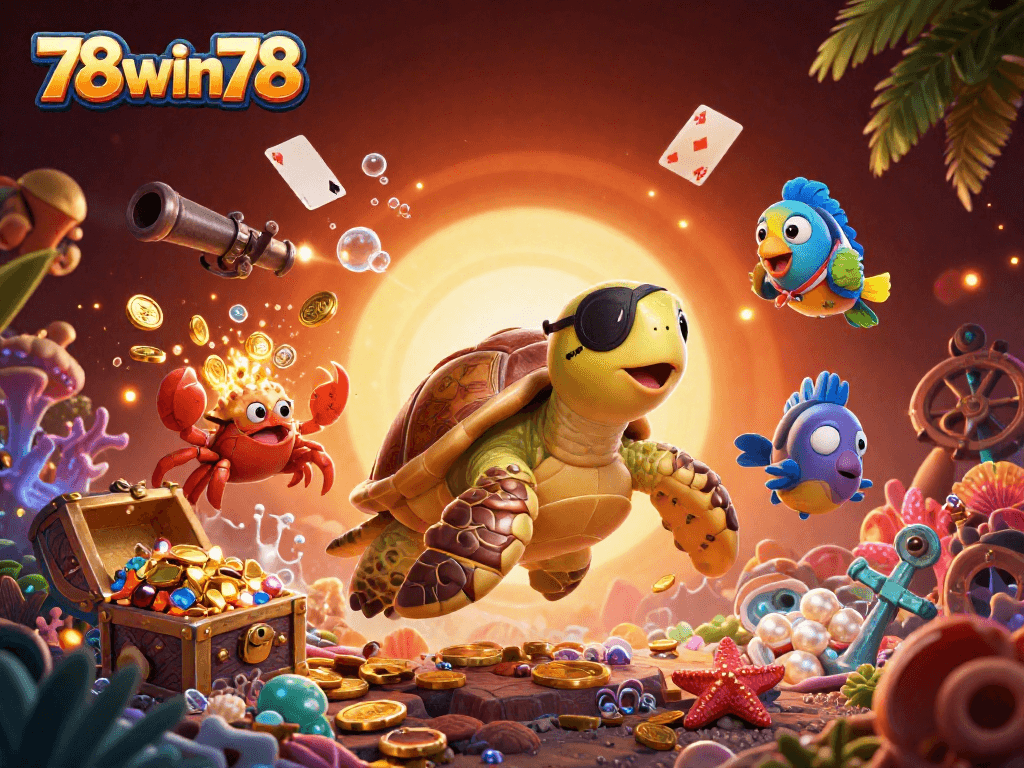 Experience gaming excitement at 78win78 with our vibrant 3D illustration showcasing thrilling underwater treasures.