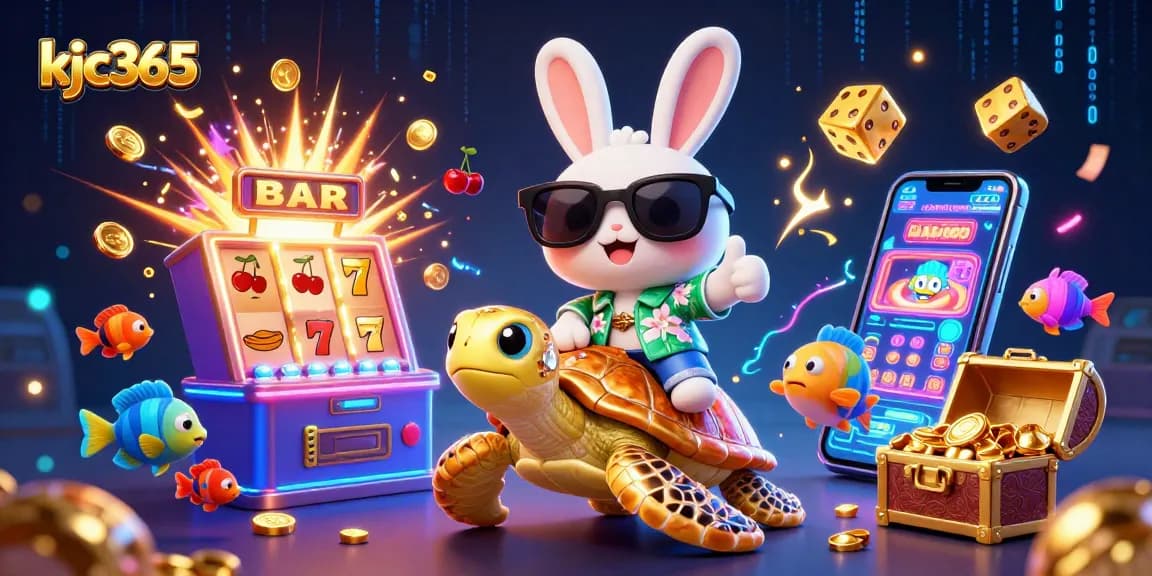 Capture thrilling wins at kjc365 with a cartoon lucky rabbit and golden turtle in an exciting casino scene.