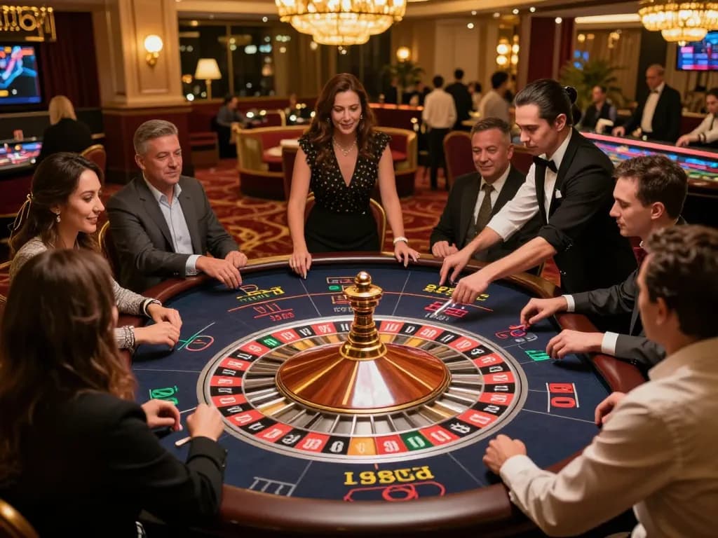 HELLO88 gaming excitement at a lavish roulette table in a luxury casino setting