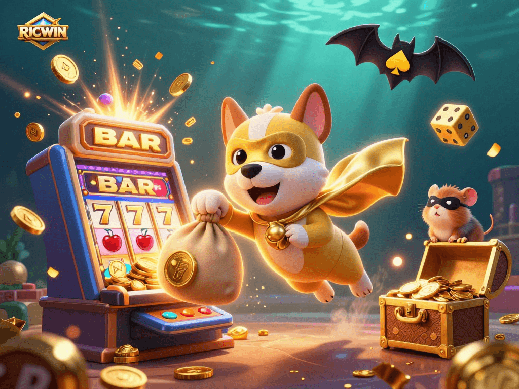RICWIN showcases a vibrant 3D scene with a superhero dog and gold coins in a casino-themed setting.