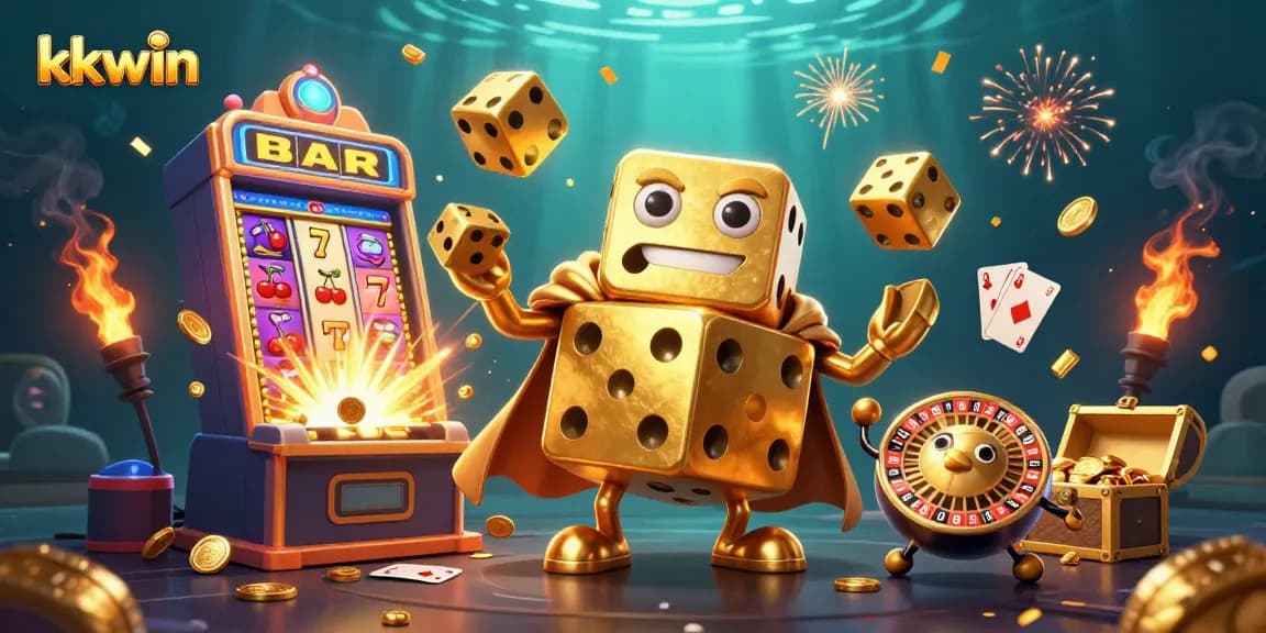 Experience thrilling wins at kkwin with a vibrant illustration of a lively casino scene filled with golden dice and games.