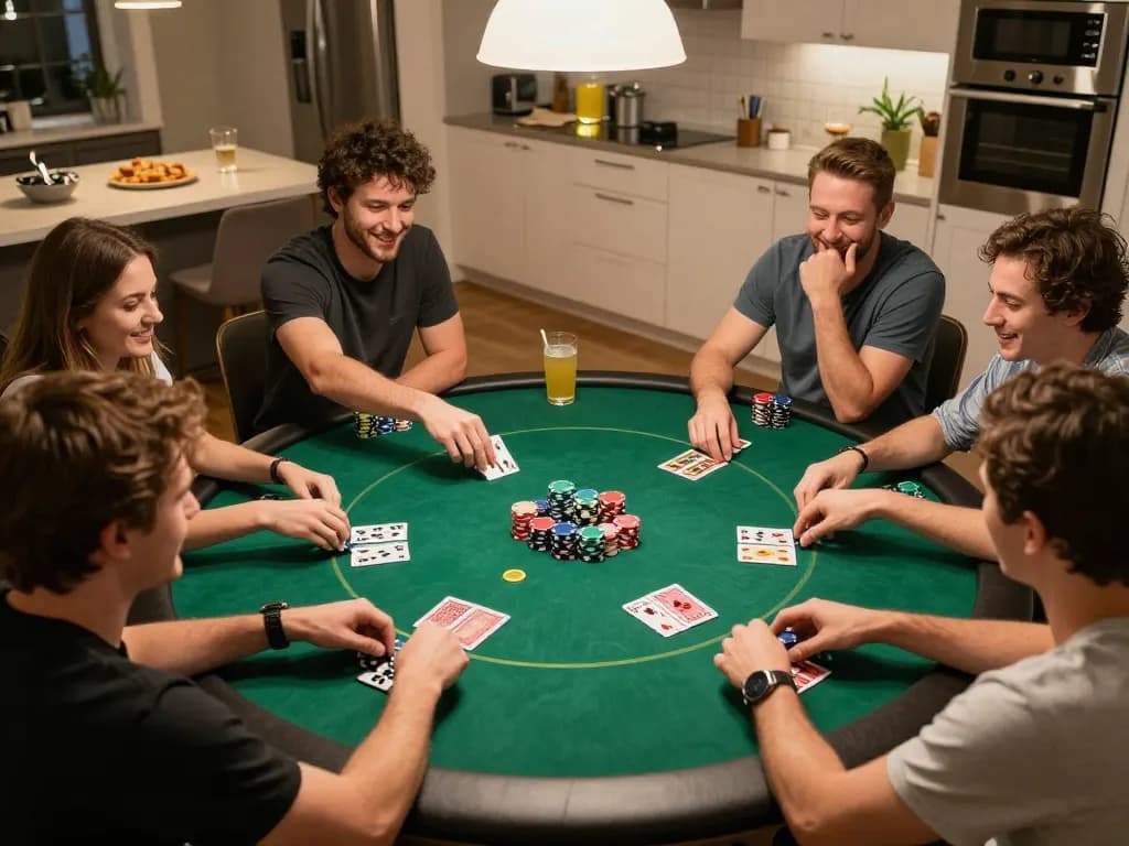 Pucuk138 players engaging in a lively home poker night, showcasing strategy and camaraderie