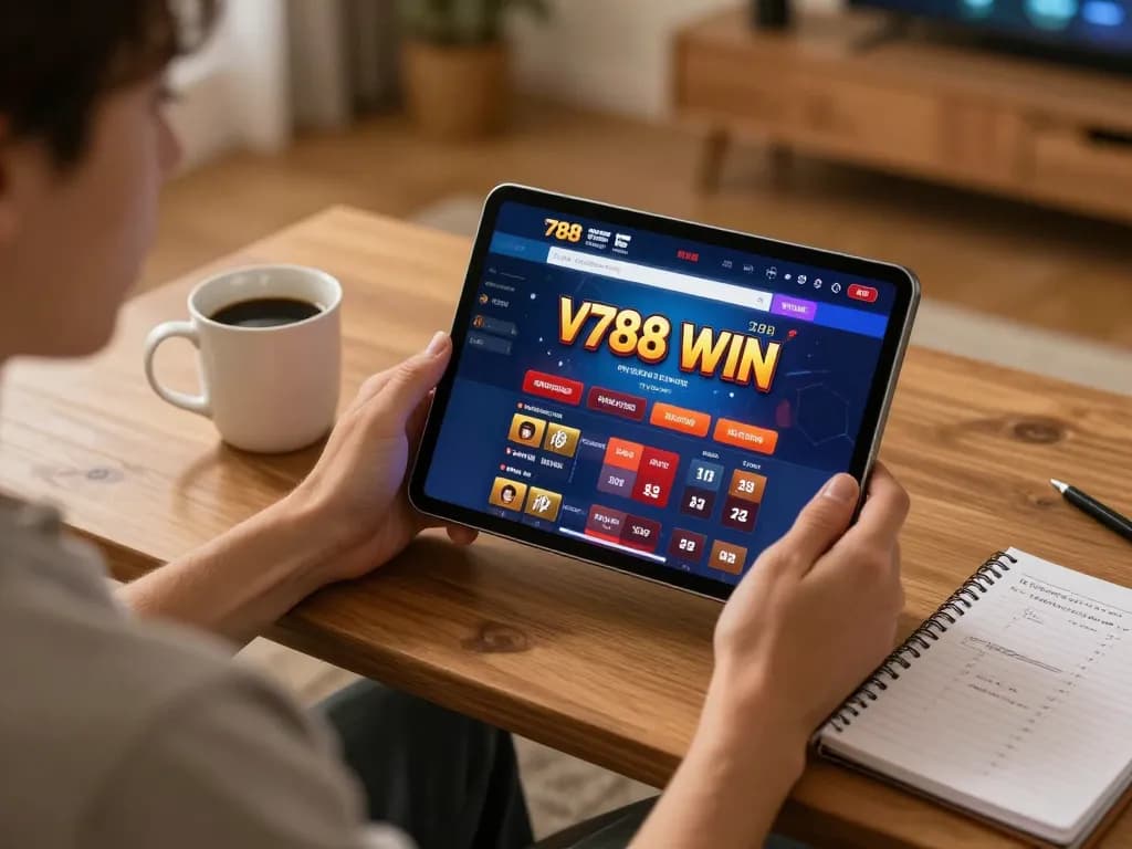 Player thrilled with v788 WIN while enjoying online casino gaming at home, notebook and tablet present.