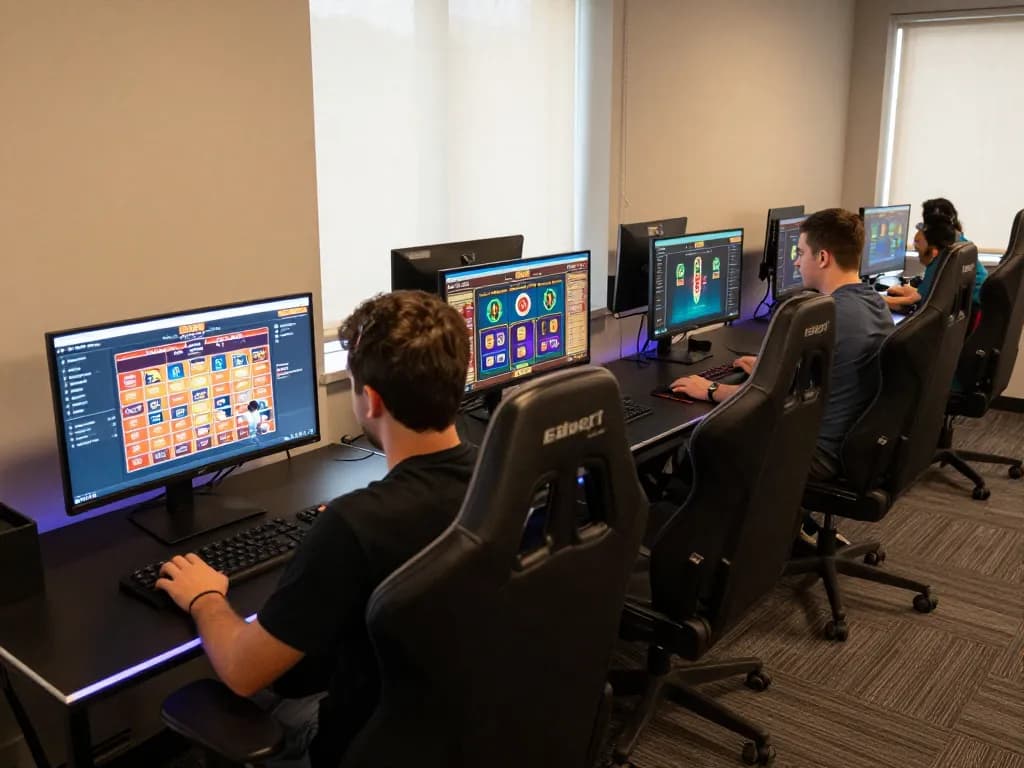 E2bet online gaming setup featuring multiple screens with vibrant casino displays and player strategies