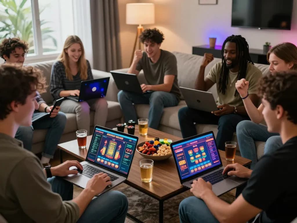 Excited players enjoying Rikvip online games with laptops and snacks in a cozy setting.