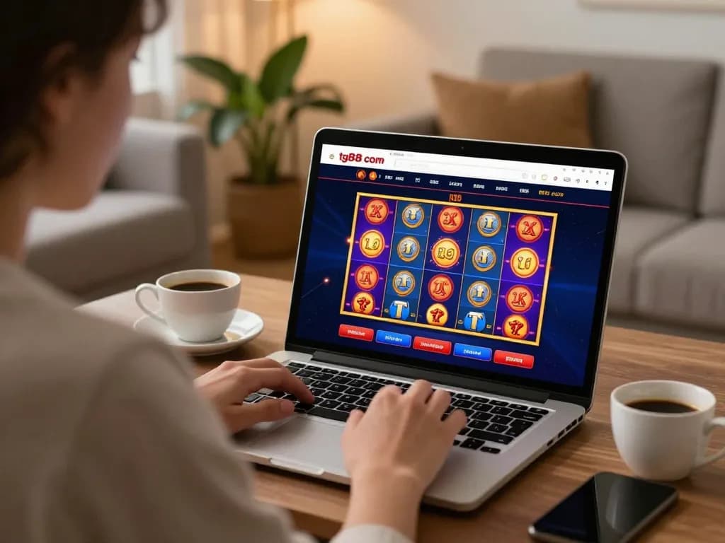 Engaging online gaming experience at tg88 com with a user enjoying slot games in a cozy home environment