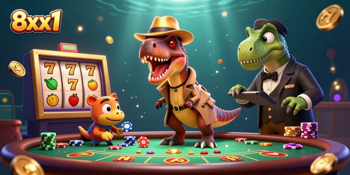 Experience exciting gaming action at 8xx1 with a cleverly disguised velociraptor at a blackjack table.