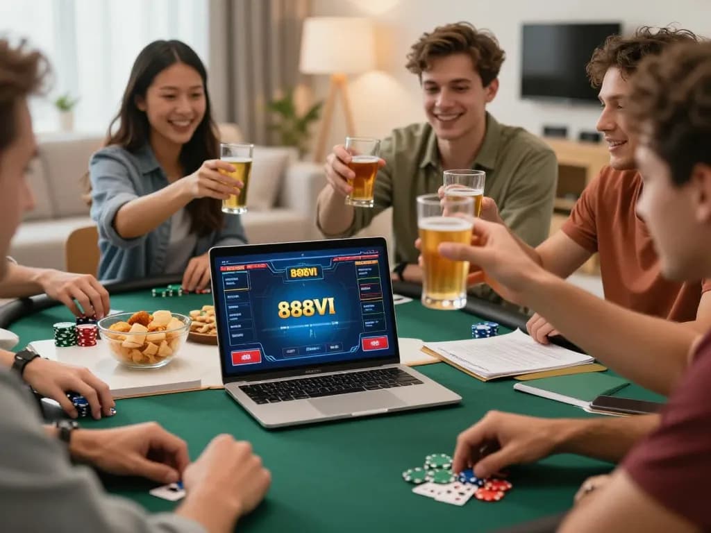 Friends enjoying an exciting online poker game at home with 888VI interface displayed on a laptop