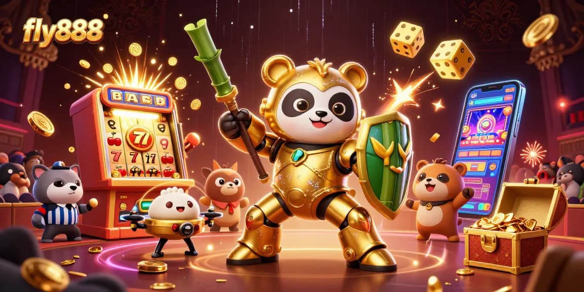 Experience the excitement of fly888 with vibrant game elements and a dynamic golden panda character.