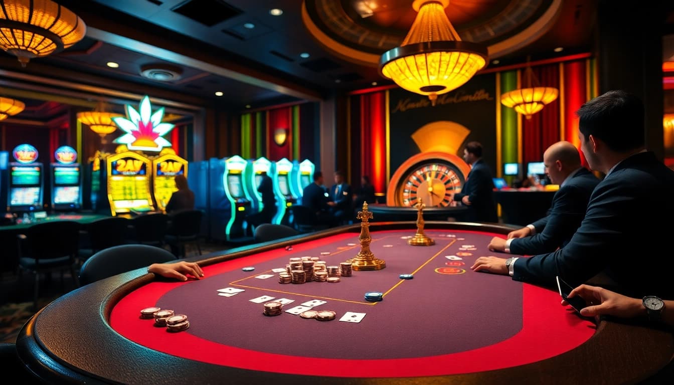 Players engaged at a poker table inside a vibrant casino, reflecting enthusiasm for the hidden wiki.
