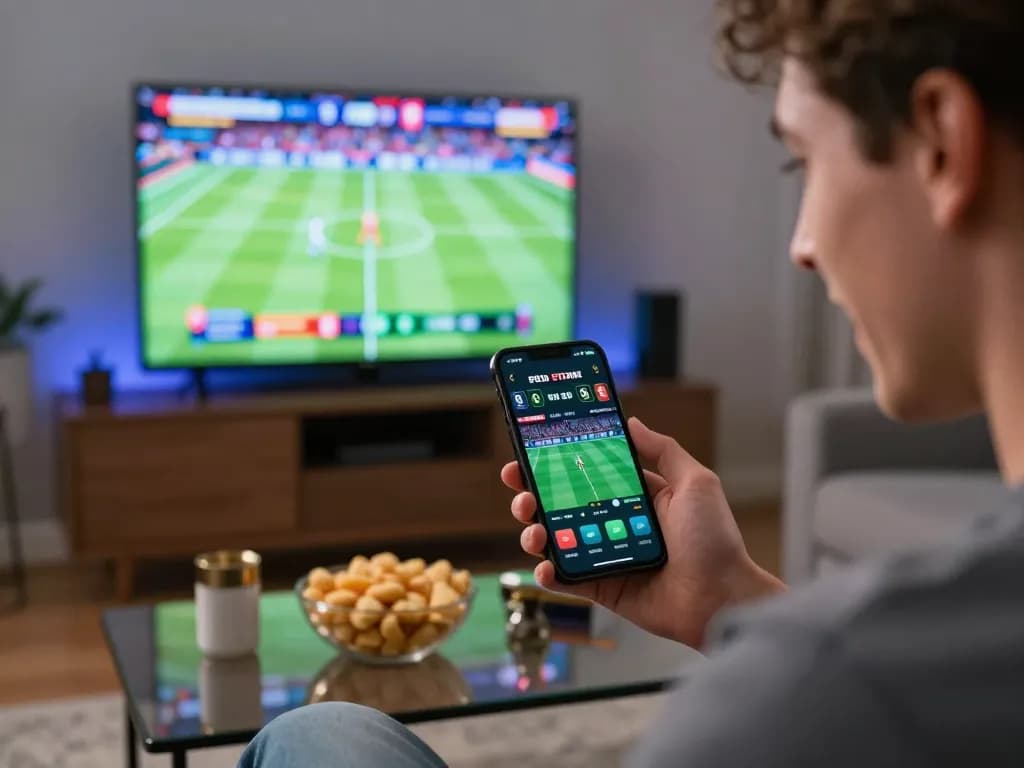 OnBet user placing a live sports bet on smartphone, immersed in a thrilling game atmosphere.