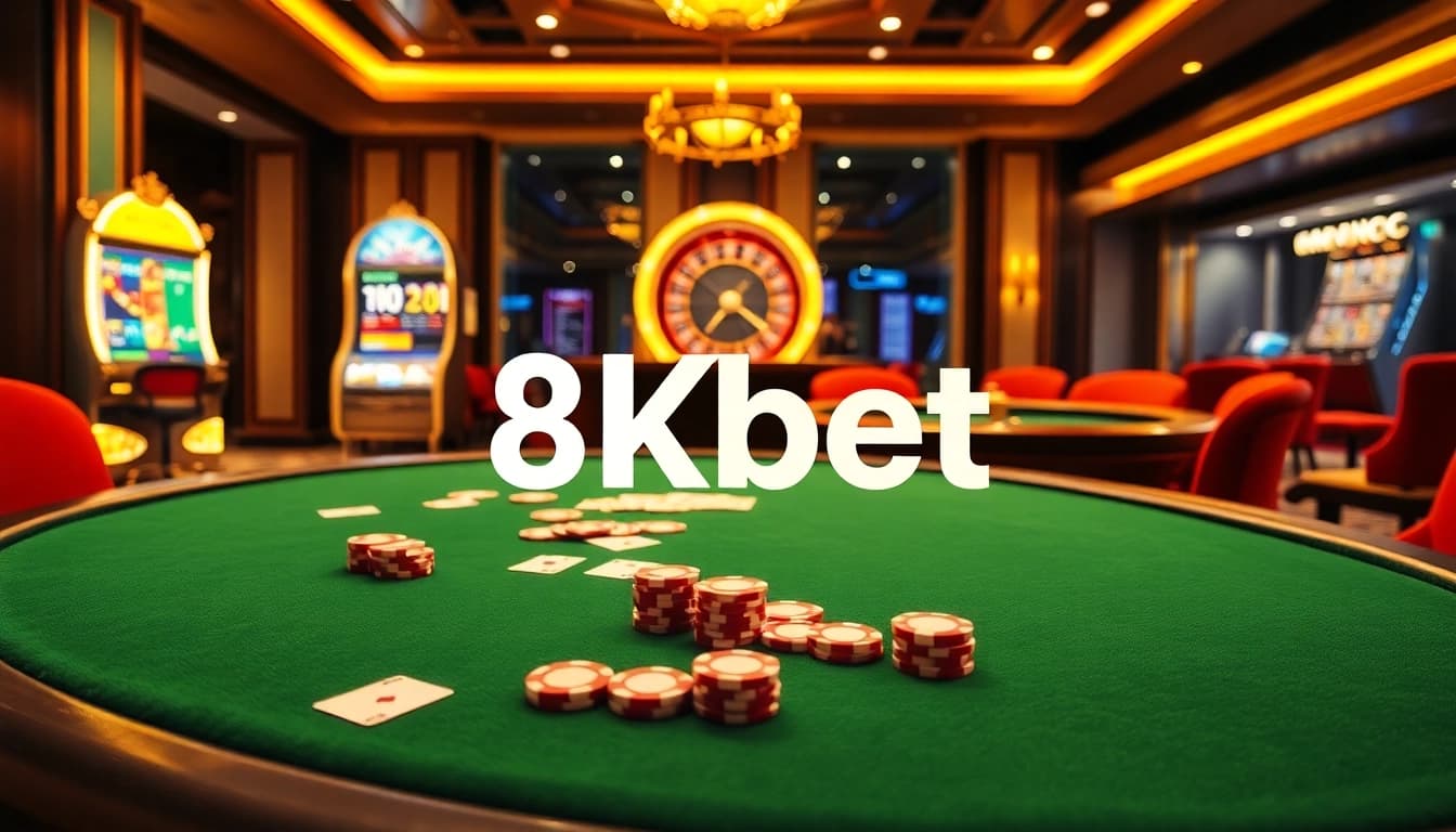 Players enjoying high-stakes poker at 8kbet's luxurious casino with vibrant slot machines.