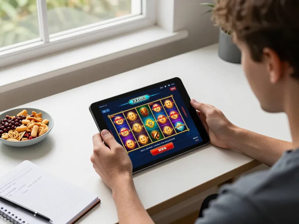 Engaging in exciting gameplay on the XXGG app at home with colorful slot game display, snacks, and strategic notes.