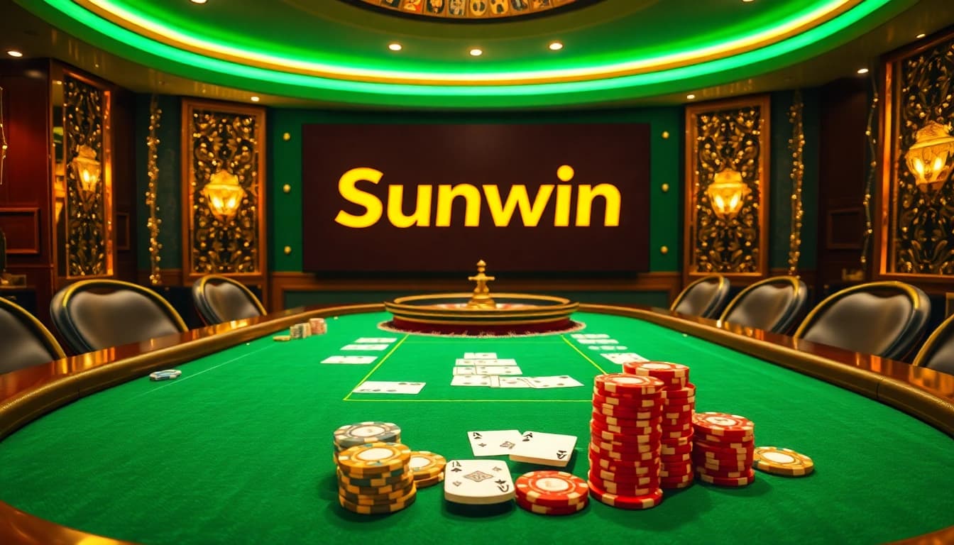 Sunwin players celebrating at a luxury poker table with poker chips and cards.