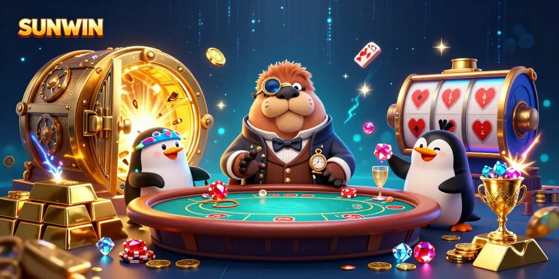 SUNWIN players engage in thrilling underwater poker with a walrus and pufferfish in a vibrant scene.