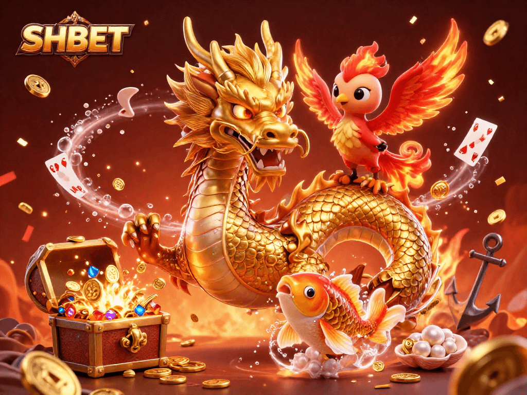 Experience winning with SHBET while encountering a fierce dragon, phoenix, and koi in a vibrant casino scene.