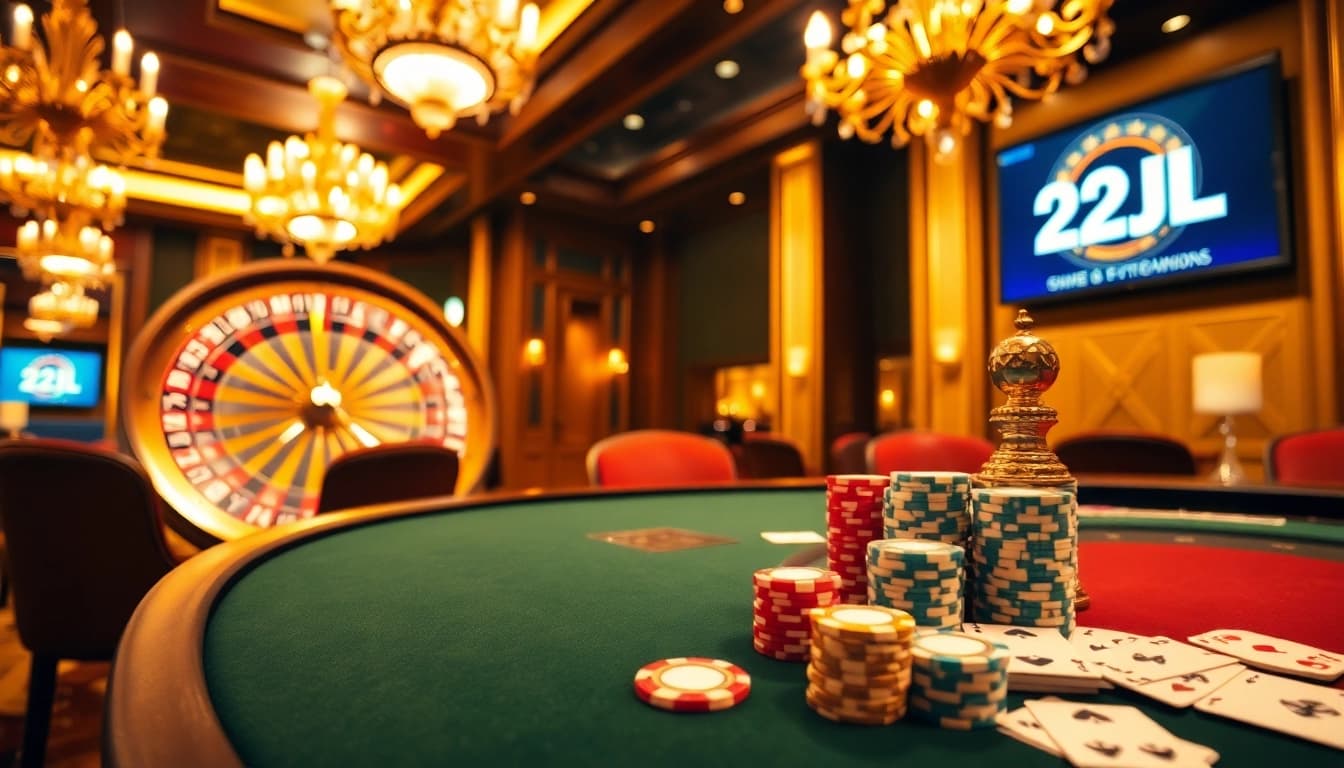 Experience the thrill of luxury gambling at 22JL casino with a vibrant roulette wheel and poker chips.