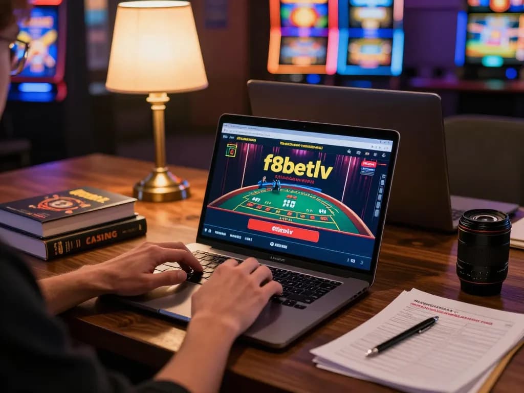Player engaging with f8betlv casino platform on laptop, showcasing online blackjack and slots