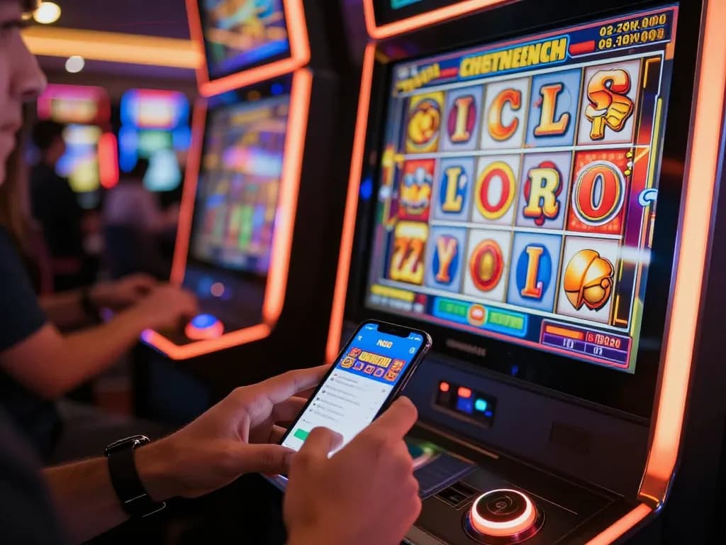 Engaging player spinning reels on N88 slot machine app, vibrant casino atmosphere.