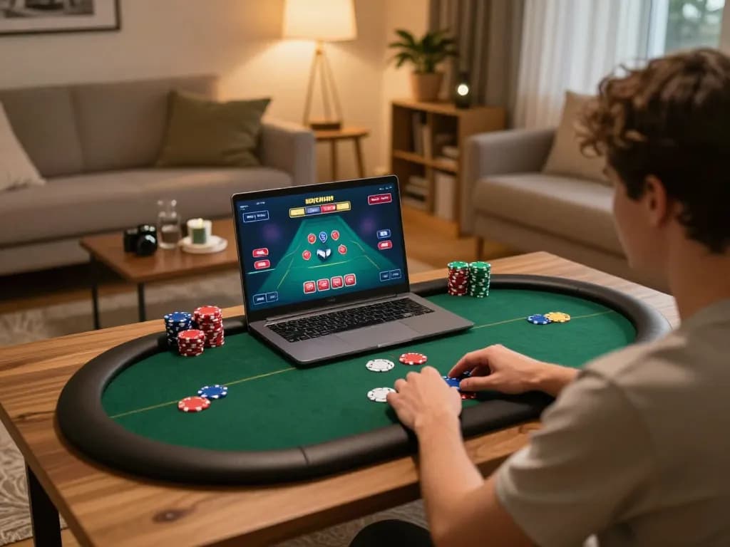 Engaged player strategizing in a kkwin casino online poker game at home, showcasing gameplay.