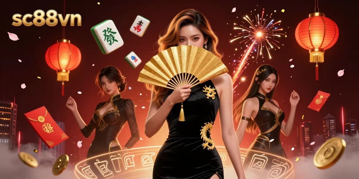 Engage in thrilling 3D casino adventure with sc88vn's vibrant game elements featuring mahjong tiles and lucky symbols.