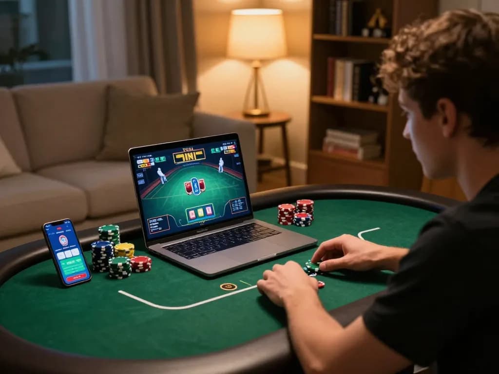Engaging in online poker at home using 79king app, showcasing strategy and excitement.