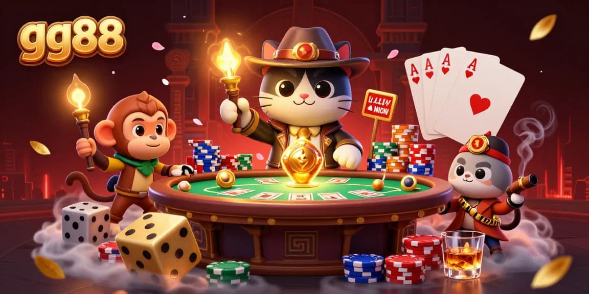 Experience excitement at gg88 with an archaeologist cat unveiling casino treasures and vibrant game elements.