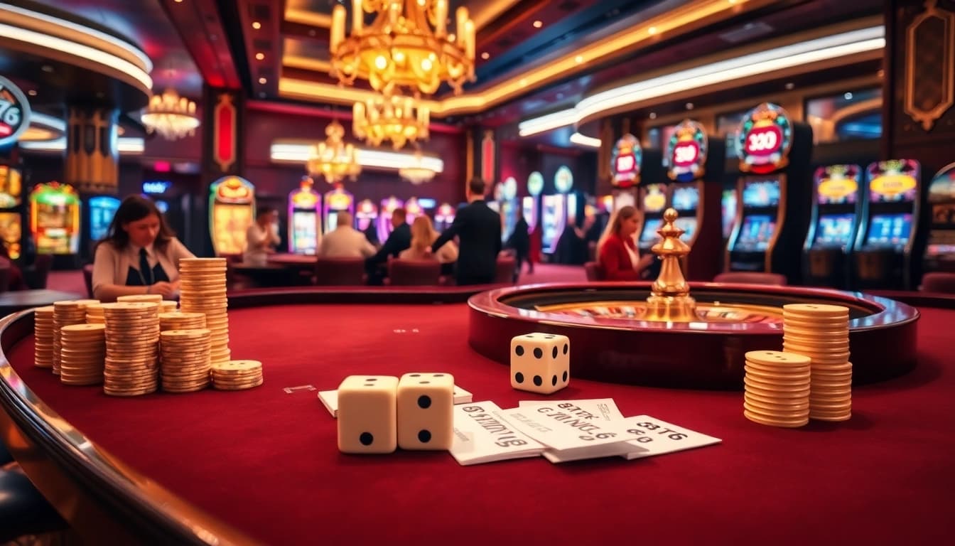 Experience the thrill of BDTK66 at a luxury casino with roulette tables and vibrant slot machines.