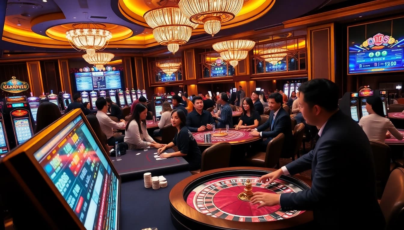 A thrilling gaming experience at typhu88, showcasing players enjoying poker, slots, and roulette.