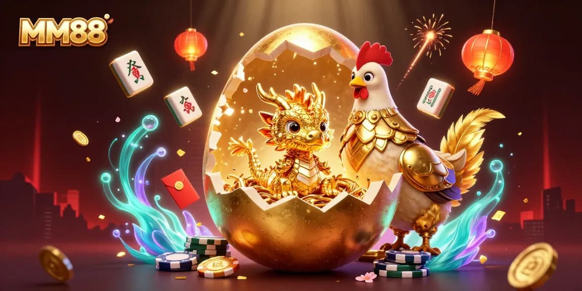Engage in thrilling gameplay at MM88 with a dazzling illustration of a golden dragon amidst vibrant casino elements.