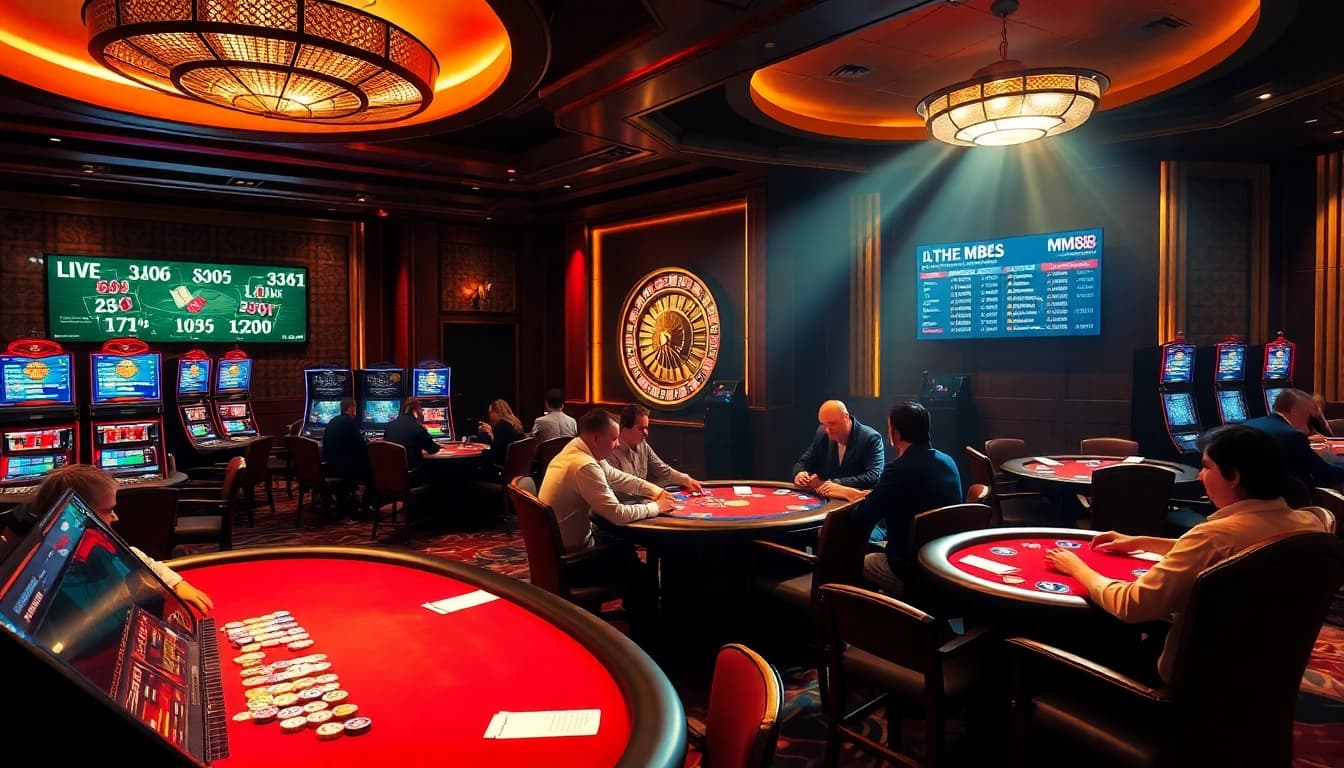 Engage in thrilling gameplay at MM88's luxurious casino tables with vibrant chips and slot machines.