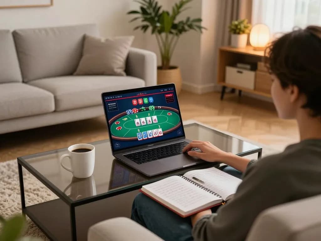 Person enjoying poker gameplay on laptop at home in a cozy setting with 98win01 interface.