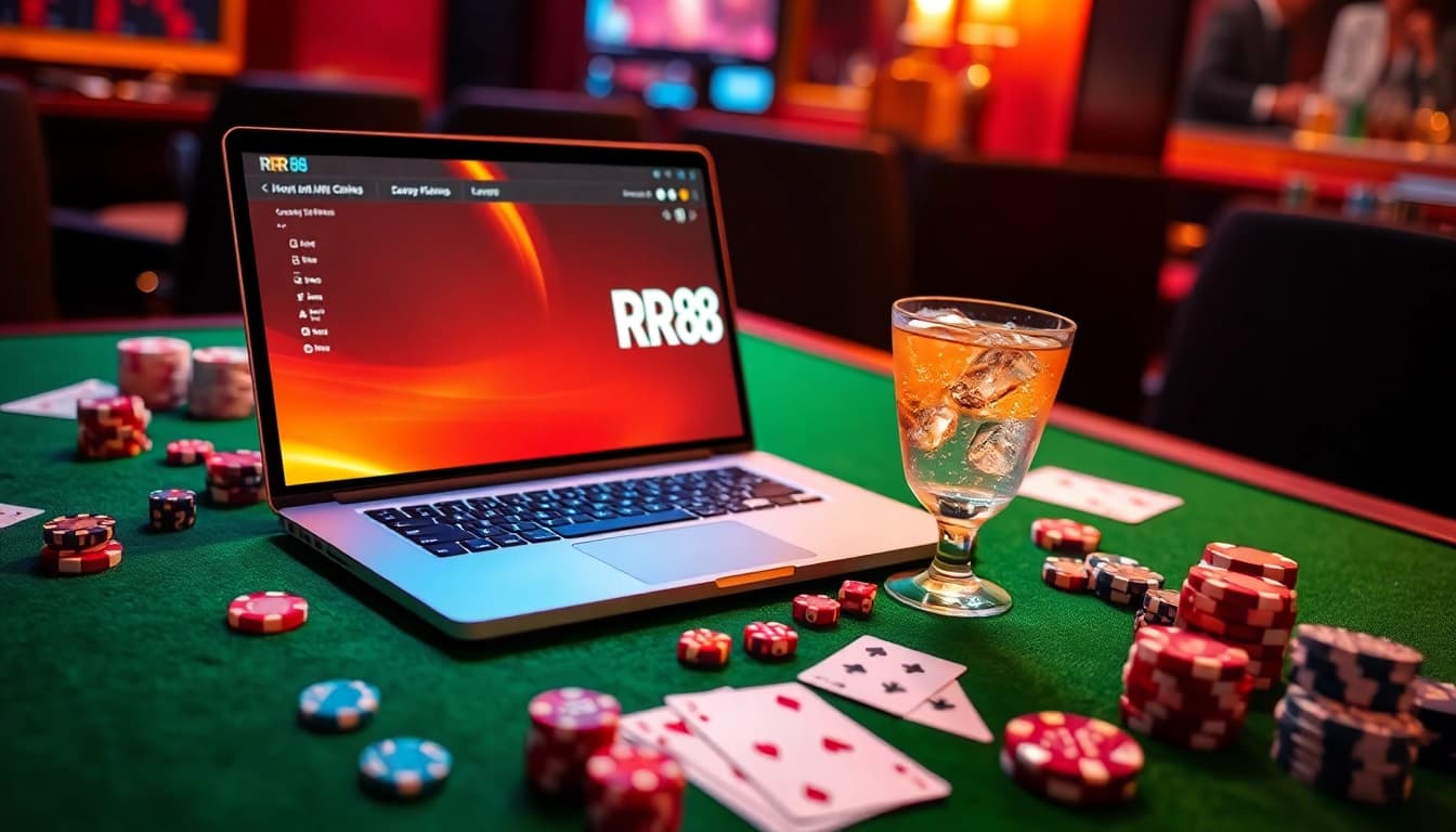 Players engage intensely with RR 88 online gaming, surrounded by colorful casino elements.