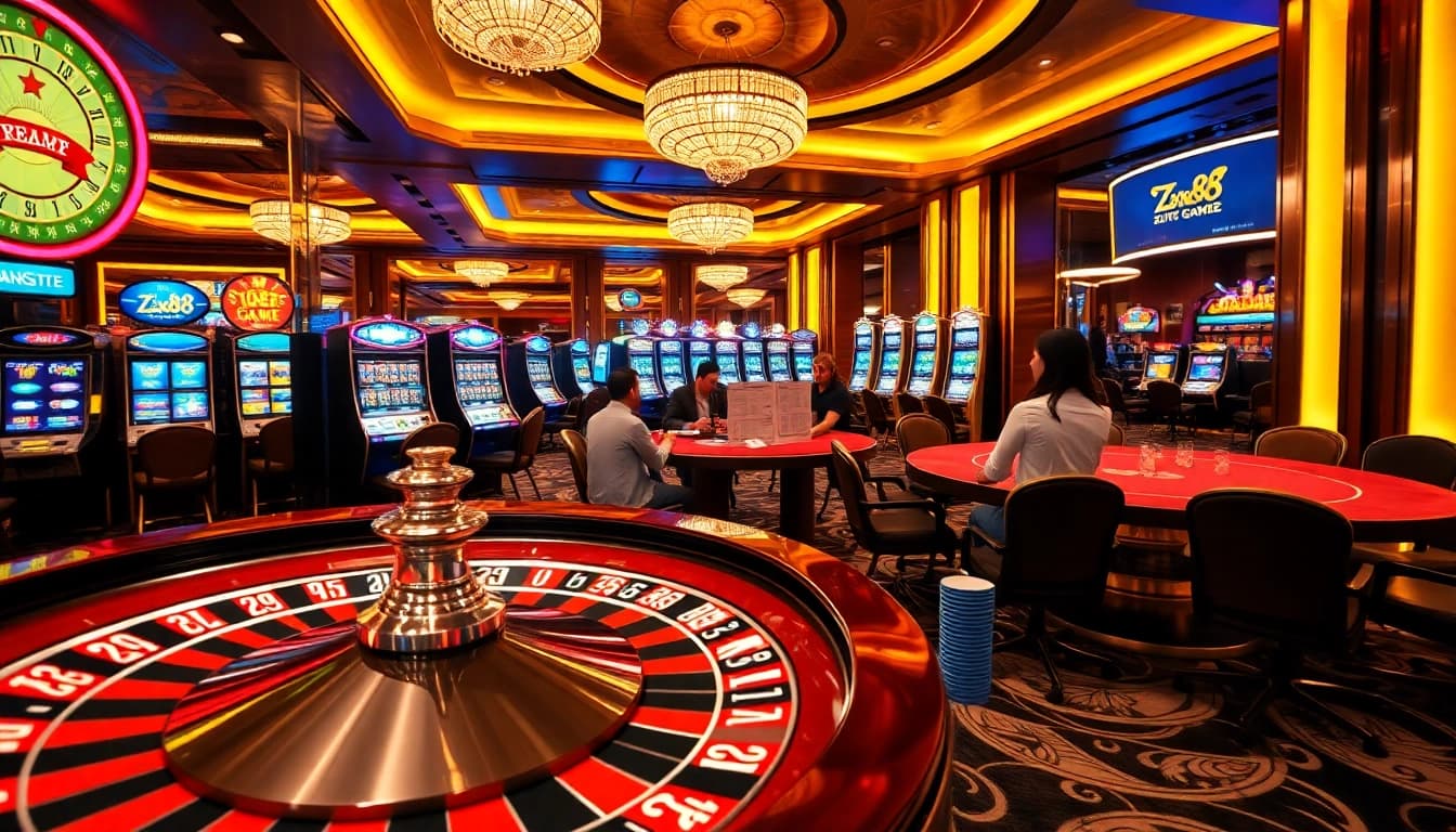 Experience the excitement of ZX88 GAME at a luxurious casino table with vibrant slot machines.