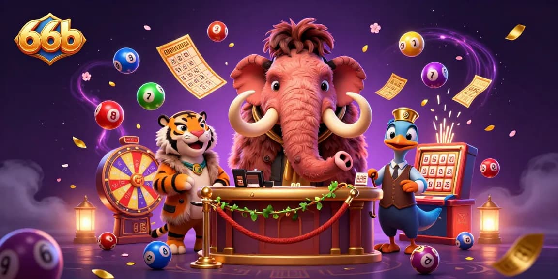 Experience thrilling excitement at 66b with a vibrant casino scene featuring colorful lottery elements and charming characters.