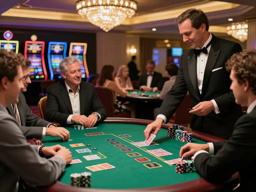GO8 players strategizing at a blackjack table in an elegant casino, chips stacked high and cards being dealt.