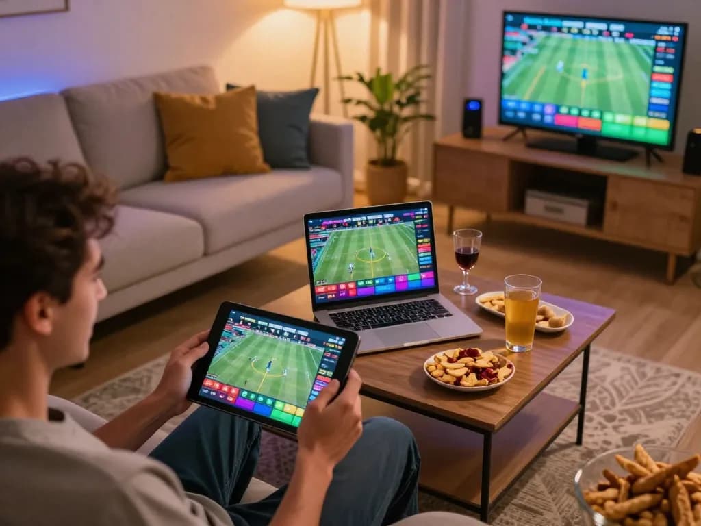 Person placing bets on https://www.mnm88.com/ from home tablet during exciting sports event.