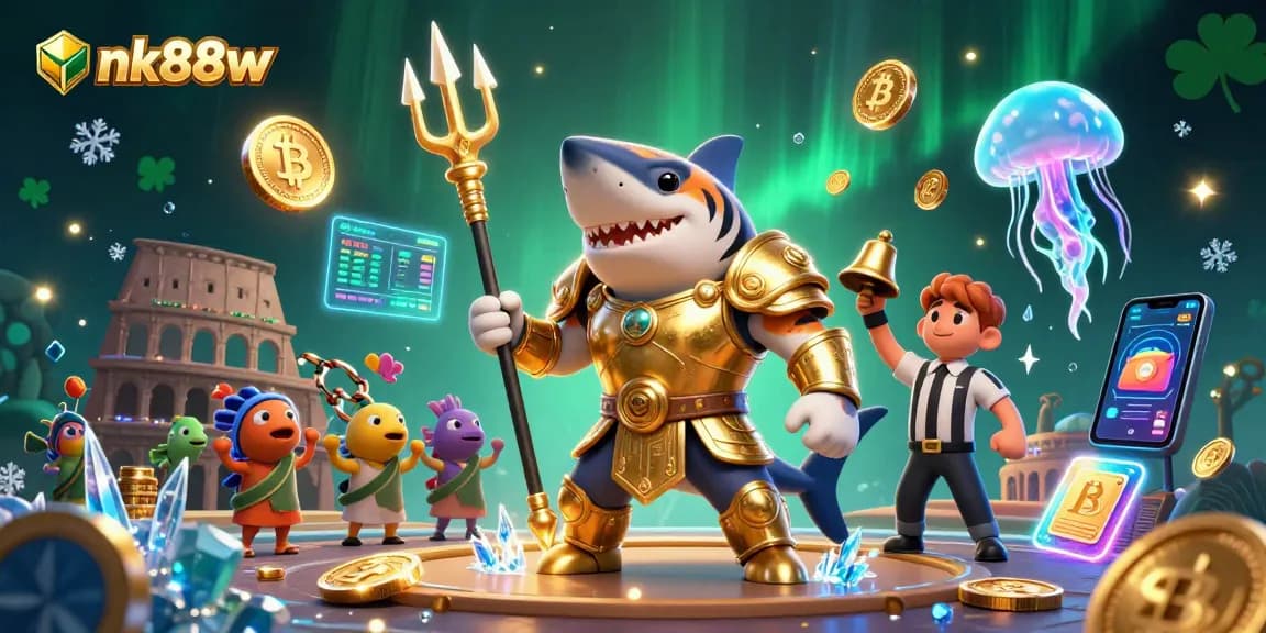 Engage in thrilling gameplay at nk88w with a vibrant casino-themed underwater arena illustration.