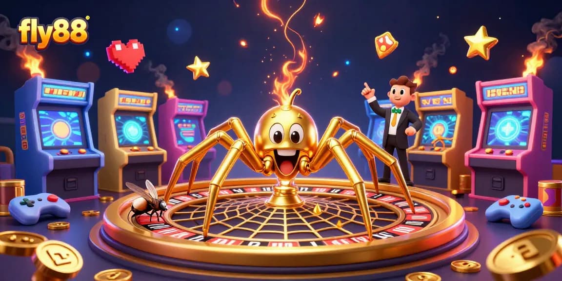 Engaging fly88 scene with a golden spider, croupier centipede, and vibrant game machines.