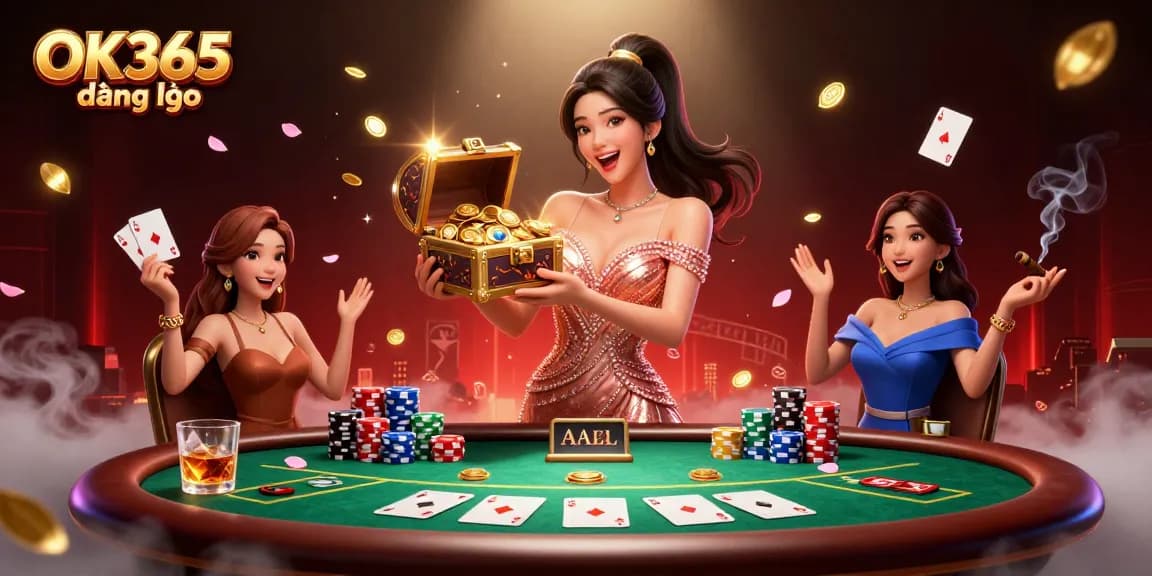 Experience excitement with OK365 đăng nhập, showcasing a vibrant digital casino scene filled with treasures and poker action.