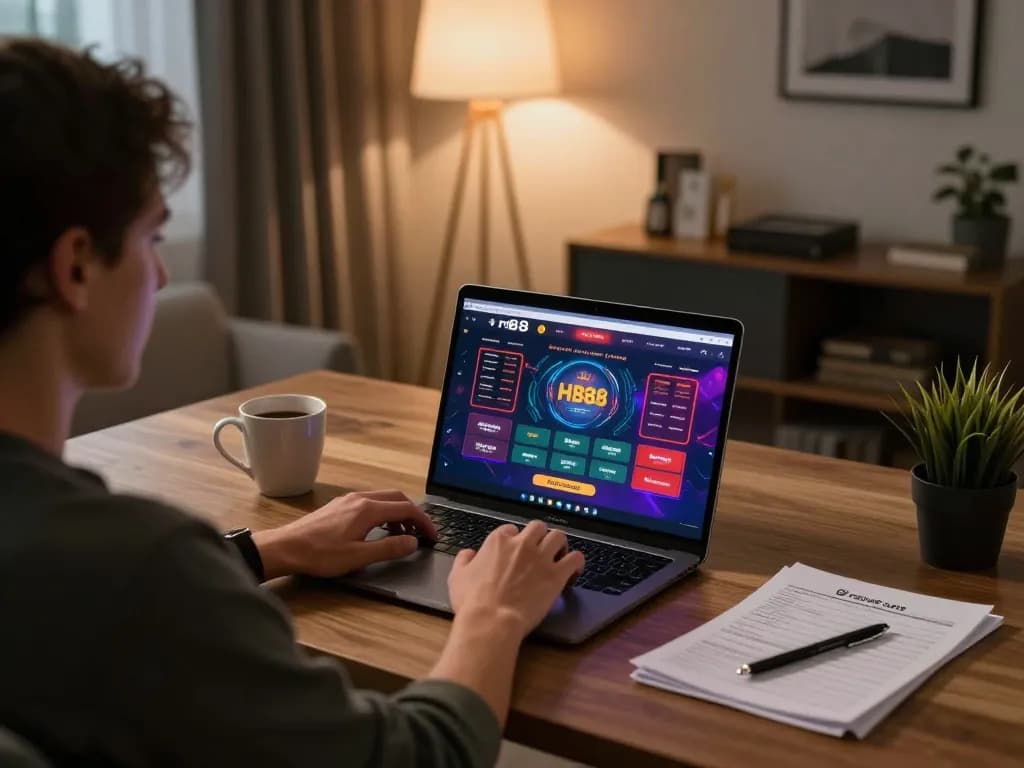 HB88 player strategizing bets at home gaming setup with laptop and notes