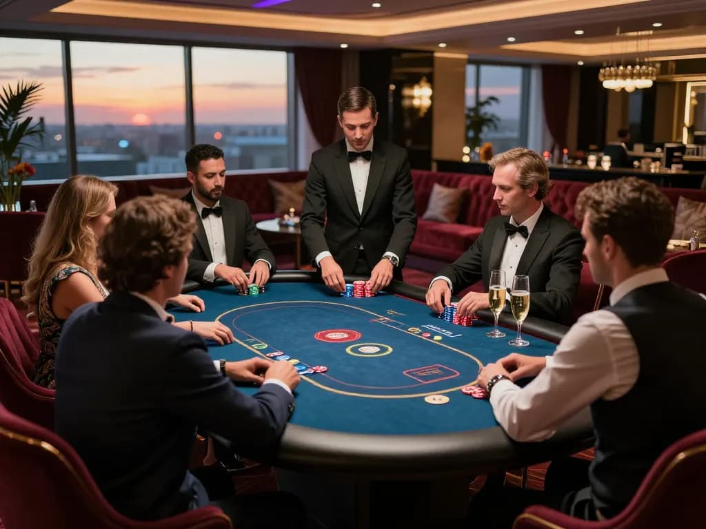 Experience cs88 vip gaming in a luxurious poker setting with vibrant ambiance and professional dealer.