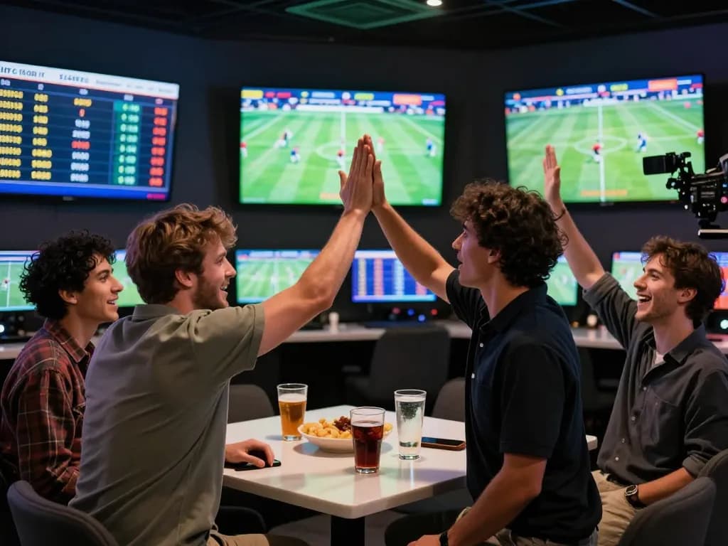Celebrating a win on 92slot sports betting, surrounded by friends and exciting game statistics