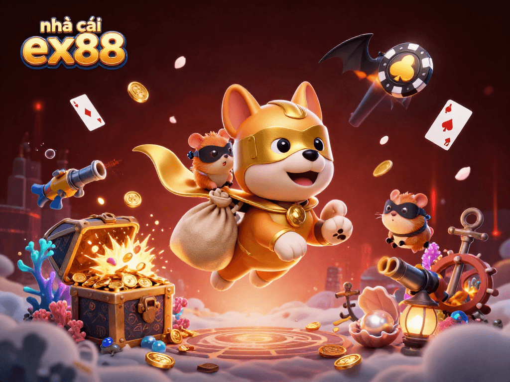 Catch the excitement with nhà cái ex88, featuring a superhero dog and hamster in a vibrant casino adventure!