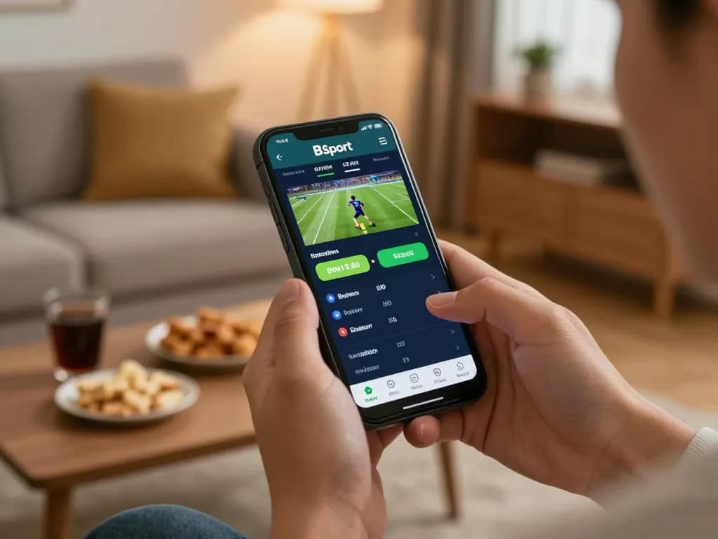 Tải app Bsport on a smartphone for live sports betting in a cozy home setting.