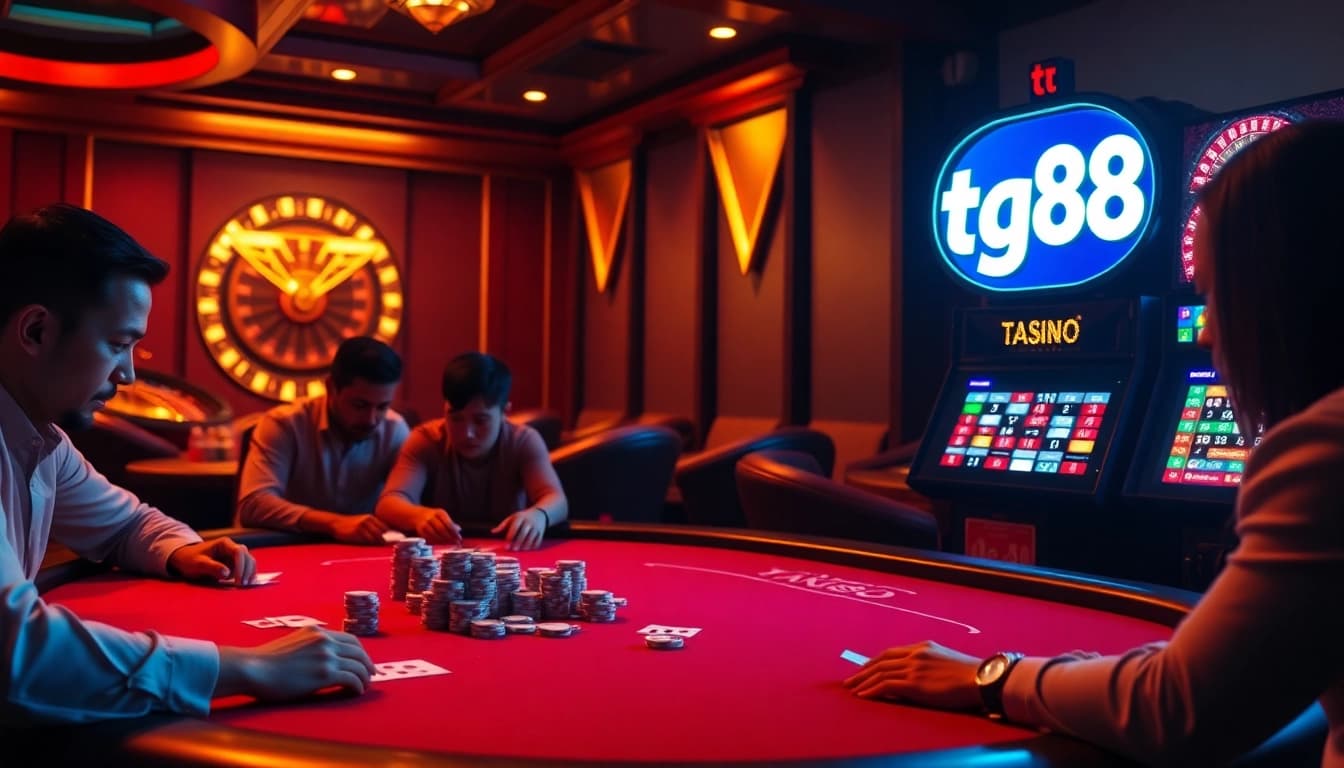 Experience tg88 excitement at a luxurious casino poker table with vibrant visuals and thrill.