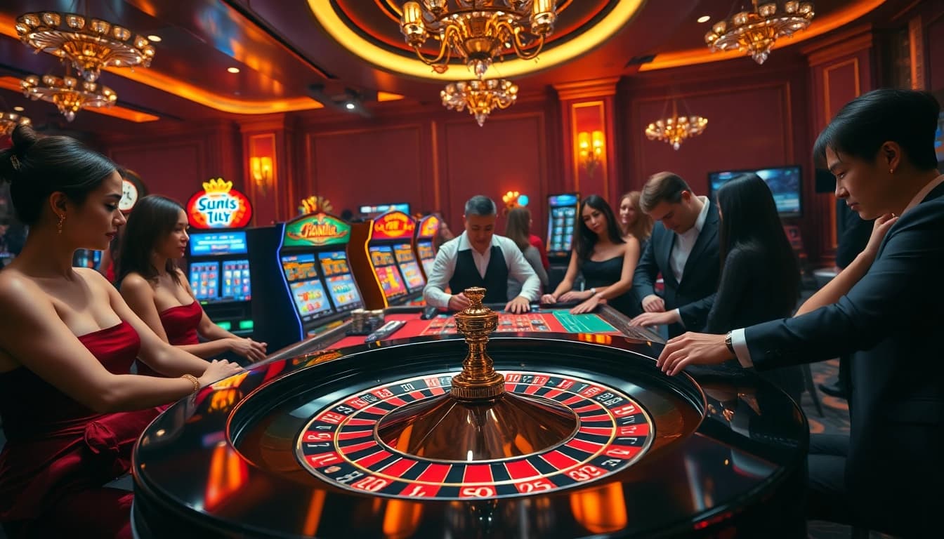 Experience high-stakes excitement at https://luongsontv5.com/ with a glamorous casino scene showcasing a roulette table and engaging players.
