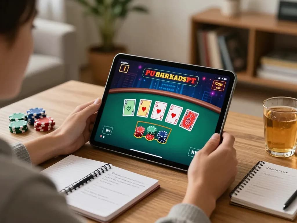 va88 player enjoying live dealer blackjack in a comfortable home setting with strategic notes